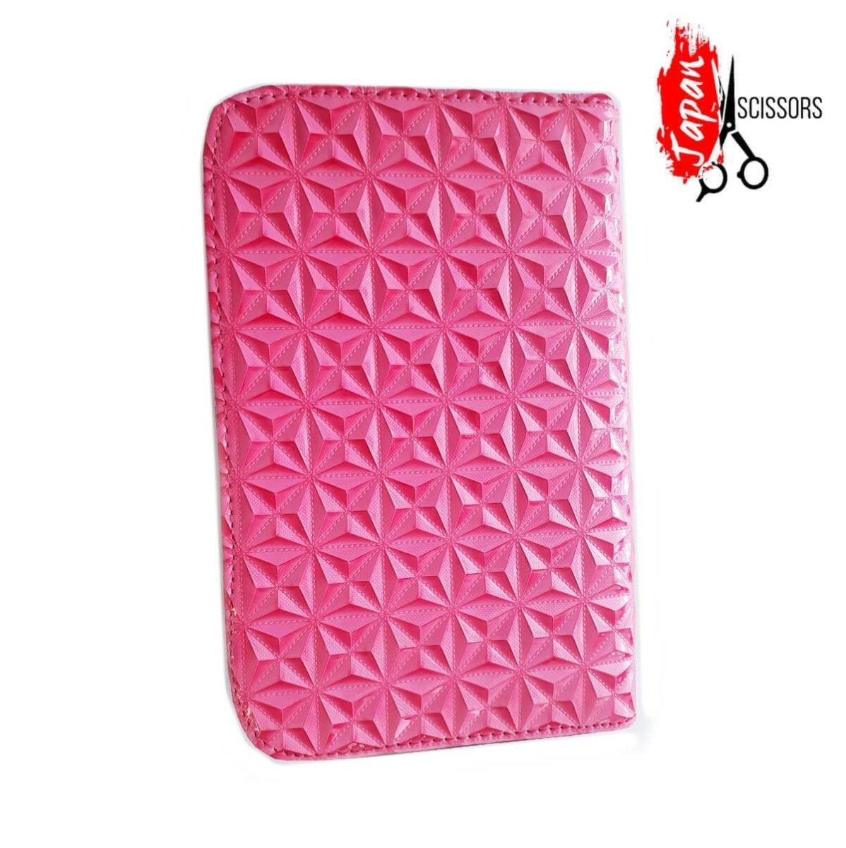 Pink leather scissor pouch with lined sleeves