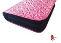Pink leather scissor pouch with lined sleeves