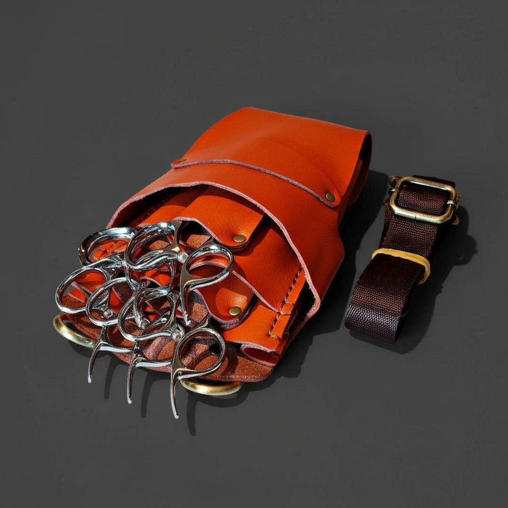 Orange leather holster with five scissor spaces