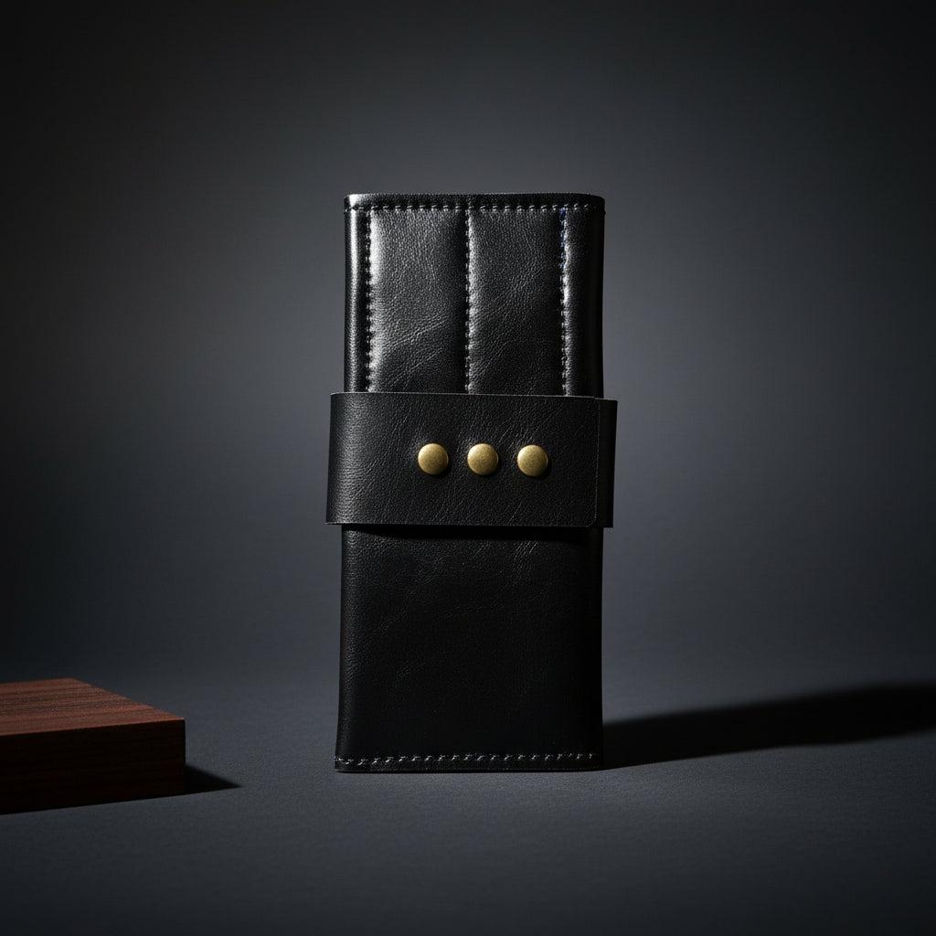 Black roll-up leather wallet with eight shear spaces