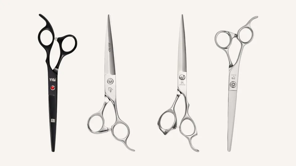 Four long barber scissors side by side: Mina Dark Gem, Ichiro Sword, Juntetsu VG10 Ergo and Joewell LSF Lefty.
