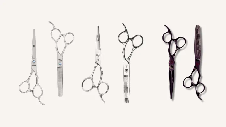 Three cutting and thinning scissor sets side by side: Mina Umi, Ichiro Ergo and Kamisori Shadow, each a cutter and a thinner.