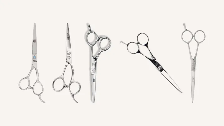 Five Japanese hair cutting scissors side by side: Mina Umi, Ichiro Ergo, Kasho Design Master Offset, Yasaka SA Classic and Joewell Classic PRO.