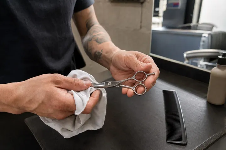 Hands wiping a closed shear with a cloth at a workstation.