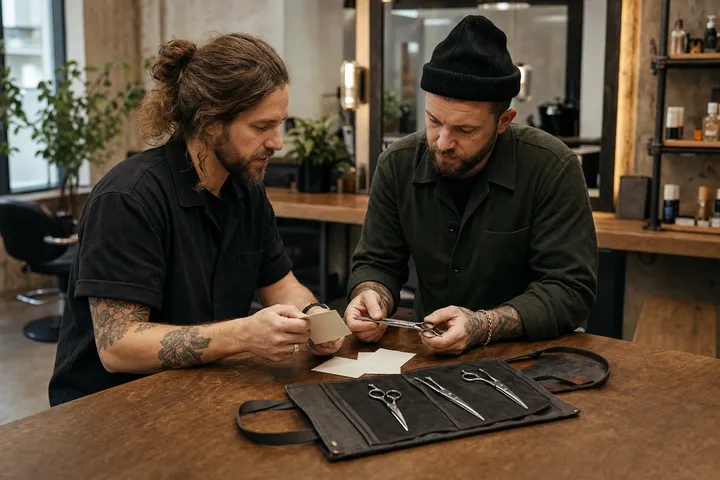 Two professionals comparing a shear beside an open tool roll and note cards.