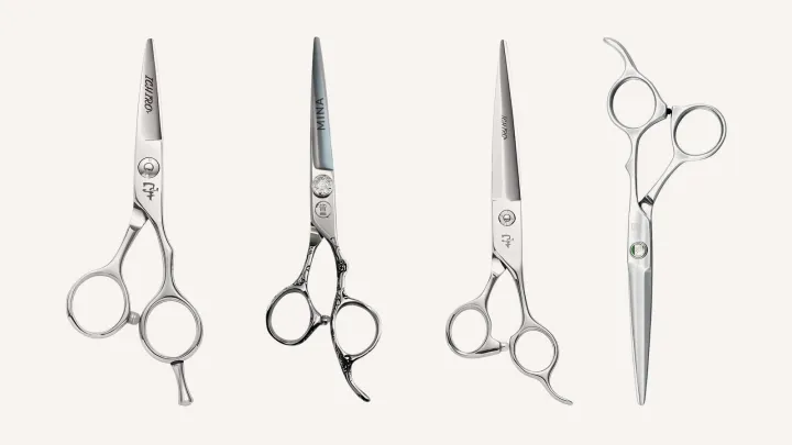 Four cutting scissors side by side: Ichiko Precision, Mina Sakura II, Ichiro Sword and Kasho Sagano.