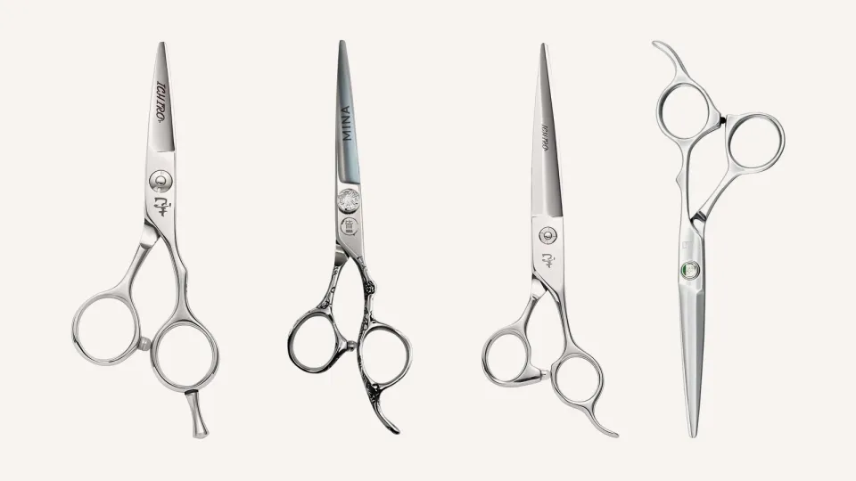 Four cutting scissors side by side: Ichiko Precision, Mina Sakura II, Ichiro Sword and Kasho Sagano.