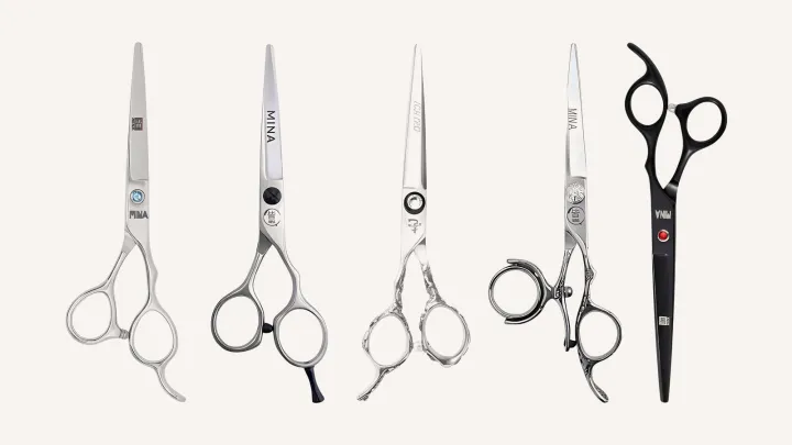 Five cutting scissors under A$200 side by side: Mina Umi, Mina Classic II, Ichiro Rose Lefty, Mina Sakura Double Swivel and Mina Dark Gem.