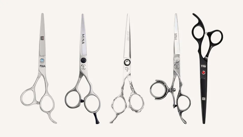 Five cutting scissors under A$200 side by side: Mina Umi, Mina Classic II, Ichiro Rose Lefty, Mina Sakura Double Swivel and Mina Dark Gem.