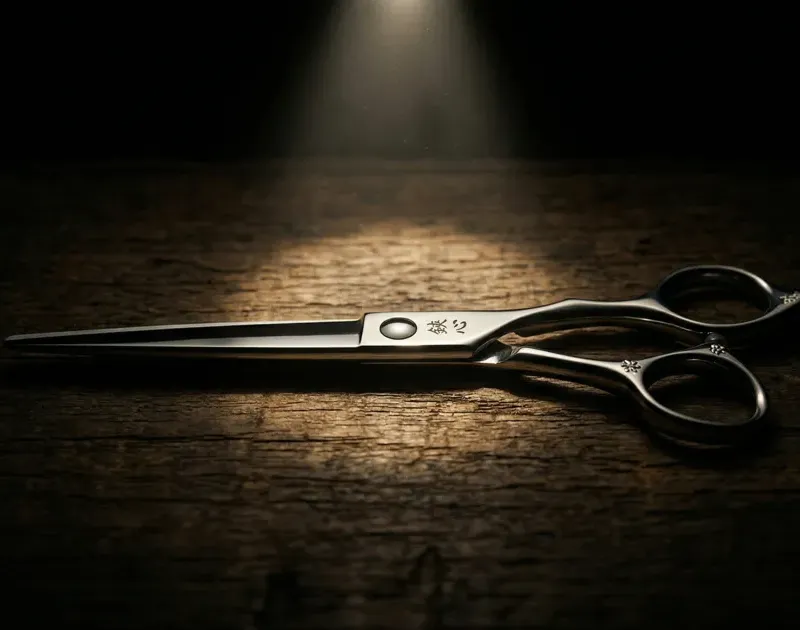A pair of scissors on a wooden table