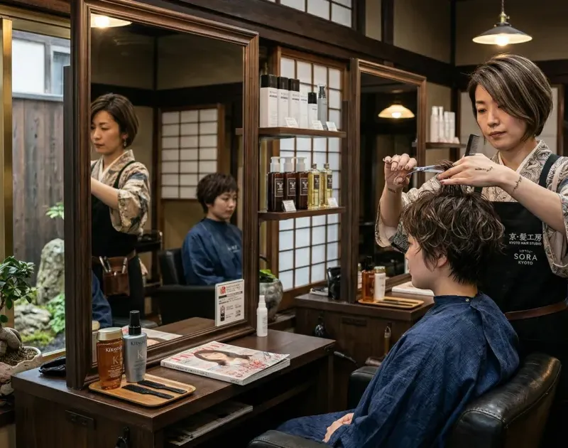 Stylist cutting a client’s hair in a salon