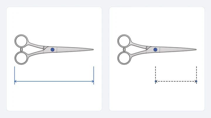 Two scissor diagrams comparing overall length with pivot-to-tip blade span