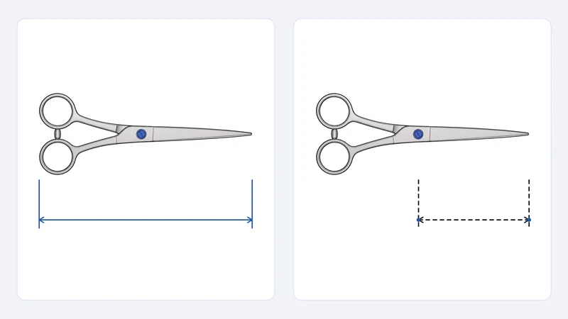 Two scissor drawings: one measured from ring to tip, the other measured from the pivot to the tip.
