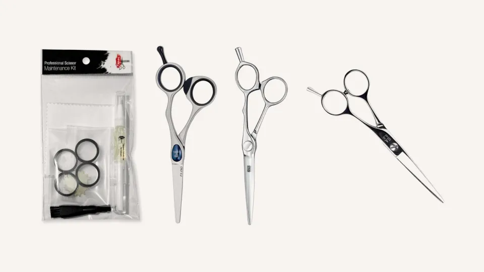 A scissor maintenance kit beside a Joewell FX PRO, a Kasho Millennium and a Yasaka SA Classic.