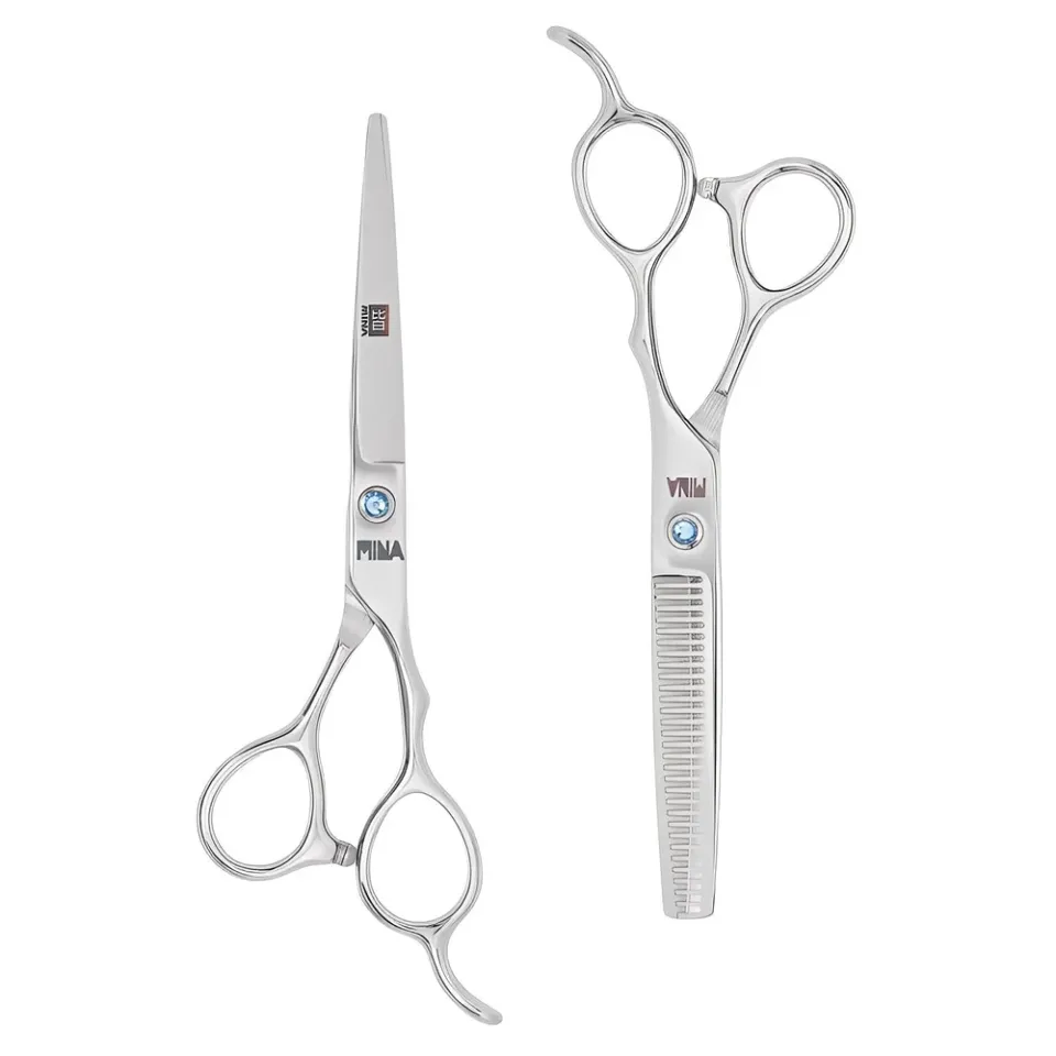 Mina Umi set catalogue photo: a cutting scissor beside a thinning scissor.