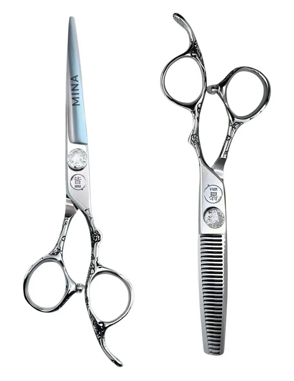 Mina Sakura II cutting and thinning scissors with engraved handles.