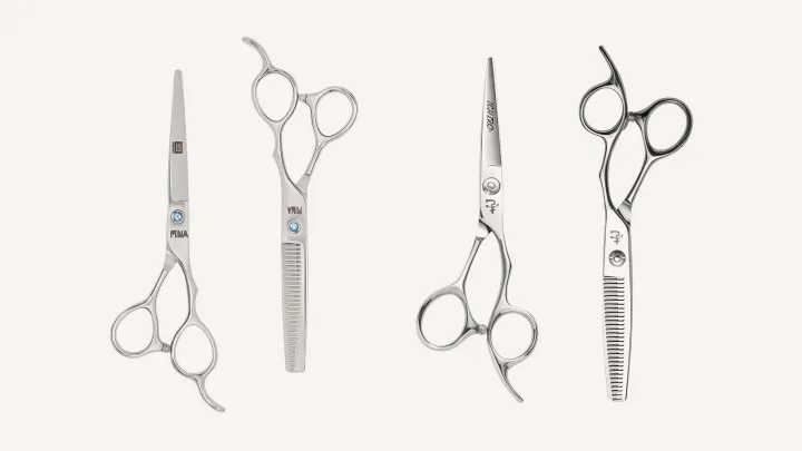 The Mina Umi set and the Ichiro Ergo set side by side, each a cutting scissor and a thinning scissor.