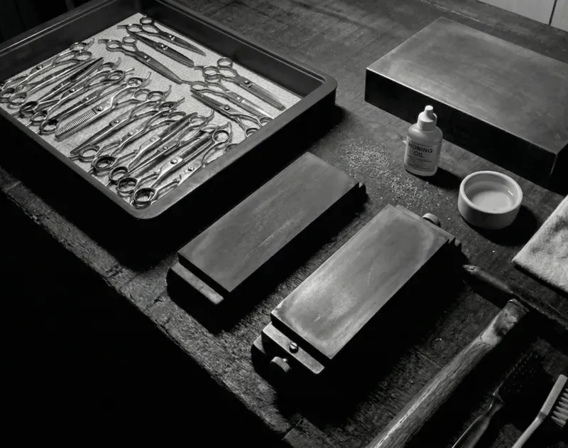 Scissors and sharpening stones arranged on a workbench