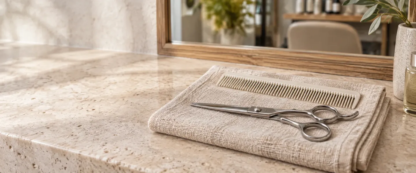 Steel hair-cutting scissors and an ivory comb on a folded towel in a sunlit salon.