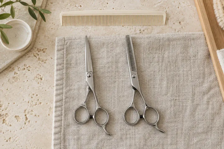 A cutting shear, a toothed thinning shear and an ivory comb arranged on a salon towel.
