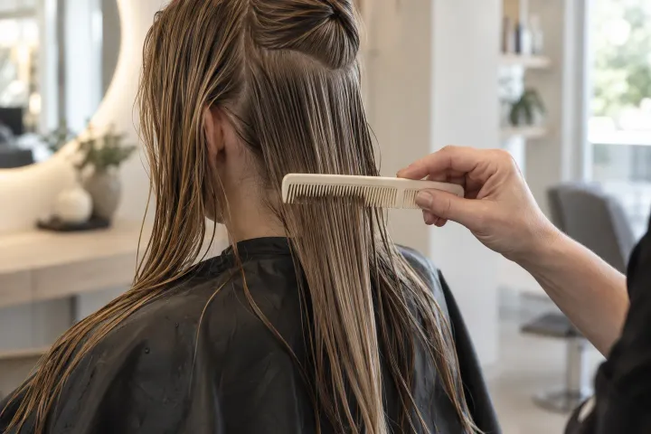 A stylist combing a separated section of long damp hair over a salon cape.