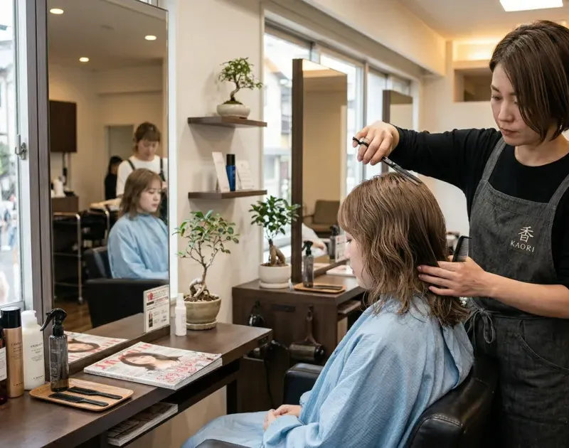 Stylist working on a client’s hair at a salon station