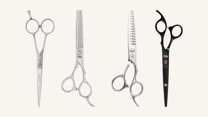 Four scissors side by side: a Joewell Classic PRO cutter, a Mina Umi thinner, an Ichiro 16T texturiser and a Mina Dark Gem cutter.