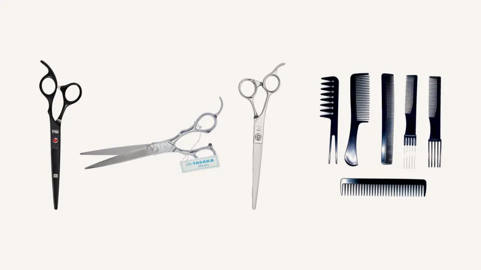 Three long cutting scissors, a Mina Dark Gem, a Yasaka 7.0 inch and a Joewell LSF Lefty, beside six hairdressing combs.