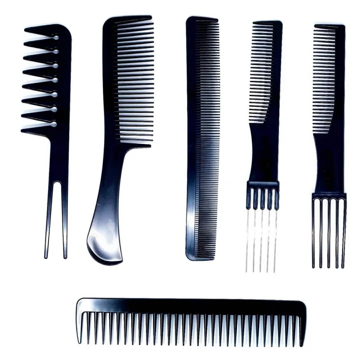 Six of the set's black combs: wide-tooth, cutting, lift and pick combs, catalogue photo