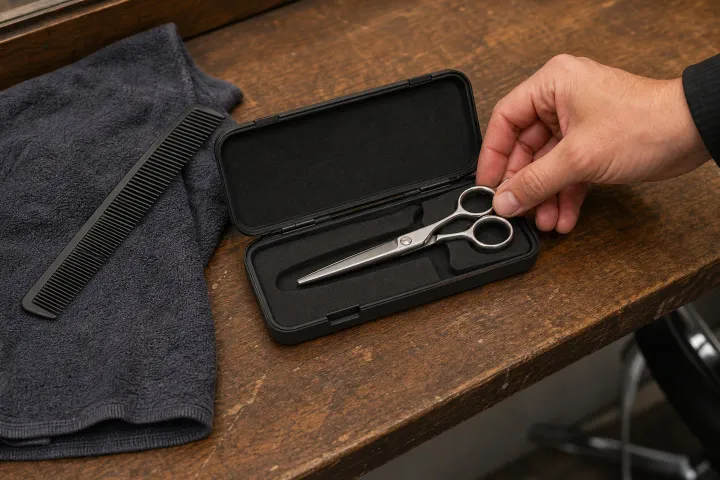 Scissors resting in a protective case at a workstation