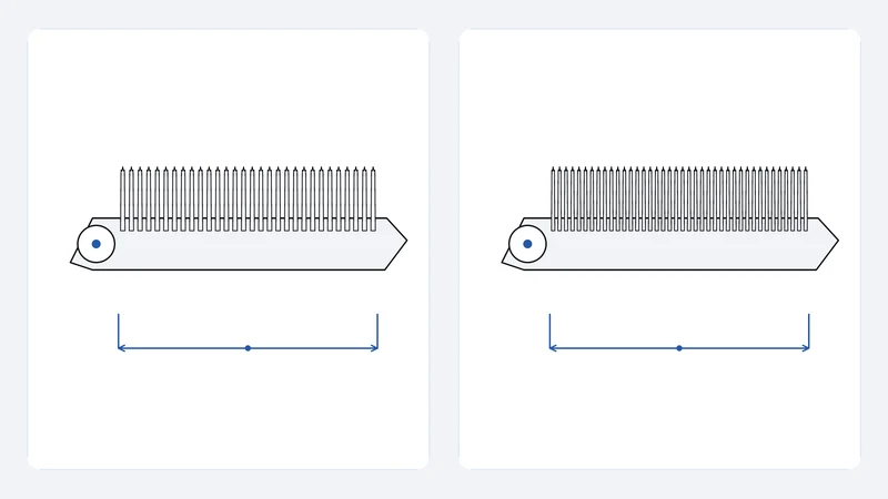 Two thinning blades drawn side by side, one with 30 teeth and one with 40 teeth over the same length.