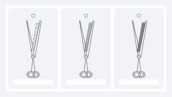 Three shears comparing open, medium and fine tooth patterns