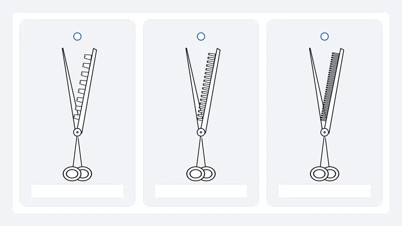 Three shears comparing open, medium and fine tooth patterns
