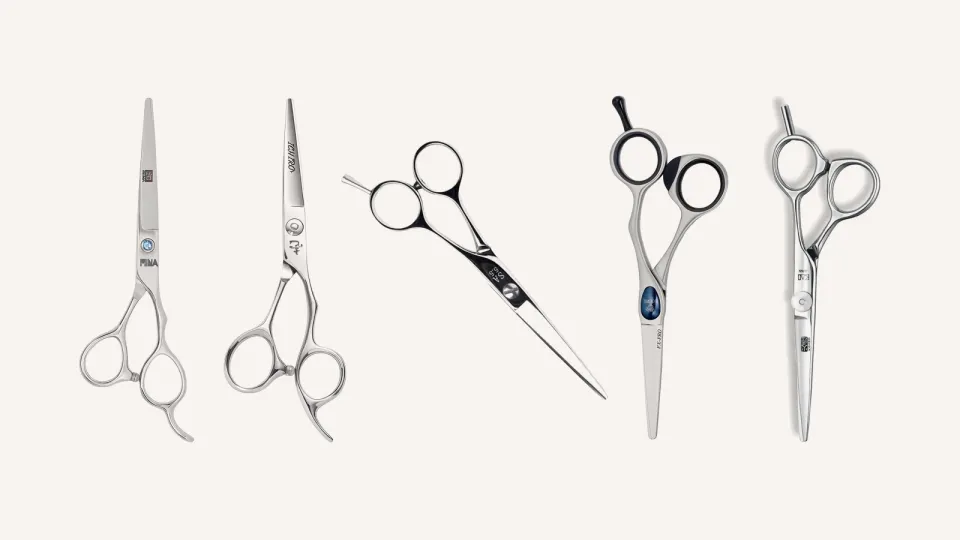 Five hair cutting scissors side by side: Mina Umi, Ichiro Ergo, Yasaka SA Classic, Joewell FX PRO and Kasho Design Master.