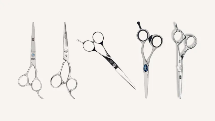 Five hair cutting scissors side by side: Mina Umi, Ichiro Ergo, Yasaka SA Classic, Joewell FX PRO and Kasho Design Master.