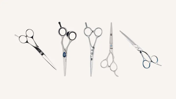 One cutting scissor from each of five brands: Yasaka SA Classic, Joewell FX PRO, Kasho Design Master, Mina Umi and Juntetsu Seido.