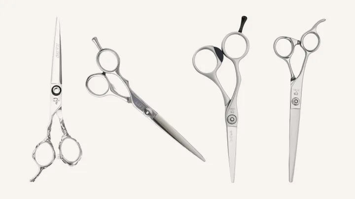 Four left-handed cutting scissors side by side: Ichiro Rose Lefty, Yasaka Left-Handed, Joewell FX Lefty and Joewell LSF Lefty.