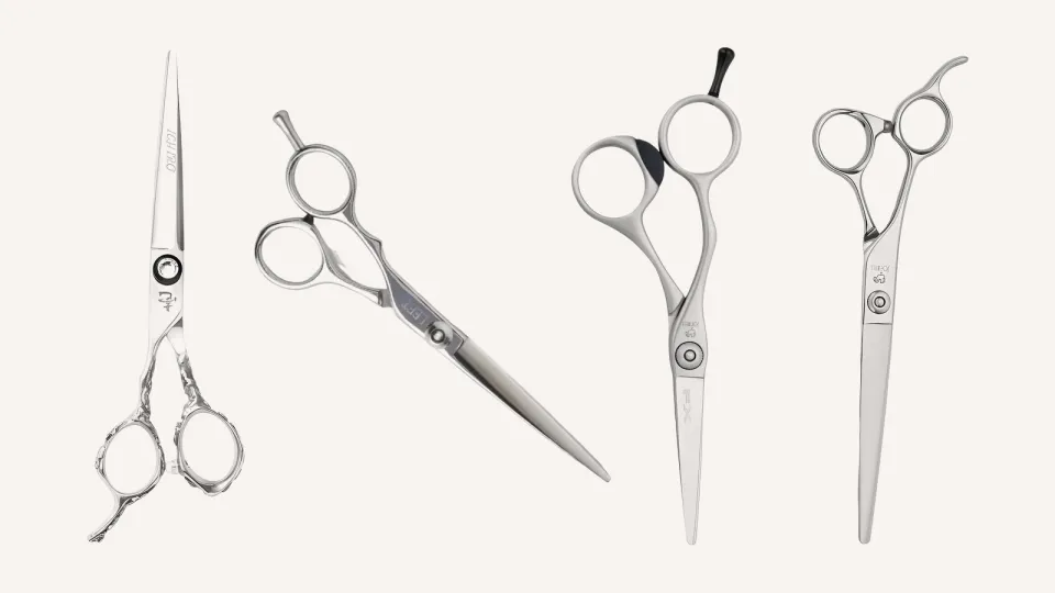 Four left-handed cutting scissors side by side: Ichiro Rose Lefty, Yasaka Left-Handed, Joewell FX Lefty and Joewell LSF Lefty.
