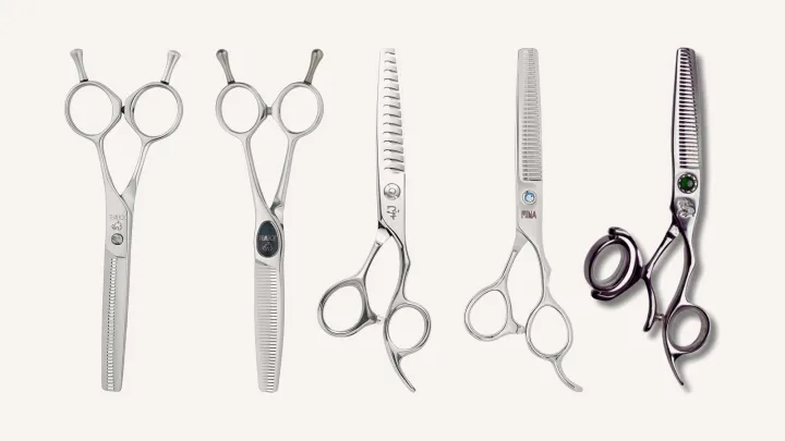 Five thinning and texturising scissors side by side: Joewell E40, Joewell SNT-40, Ichiro 16T Texturizing, Mina Umi thinner and Kamisori Revolver III.