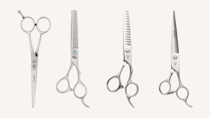 Four salon scissors side by side: a Joewell Classic cutter, a Mina Umi thinner, an Ichiro 16T texturiser and an Ichiro Sword cutter.