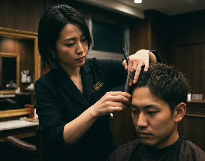 Stylist cutting a client’s short hair