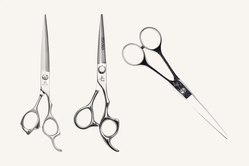 Three VG10 cutting scissors side by side: Juntetsu VG10 Ergo, Ichiro Taiyo and Yasaka F-CUT.